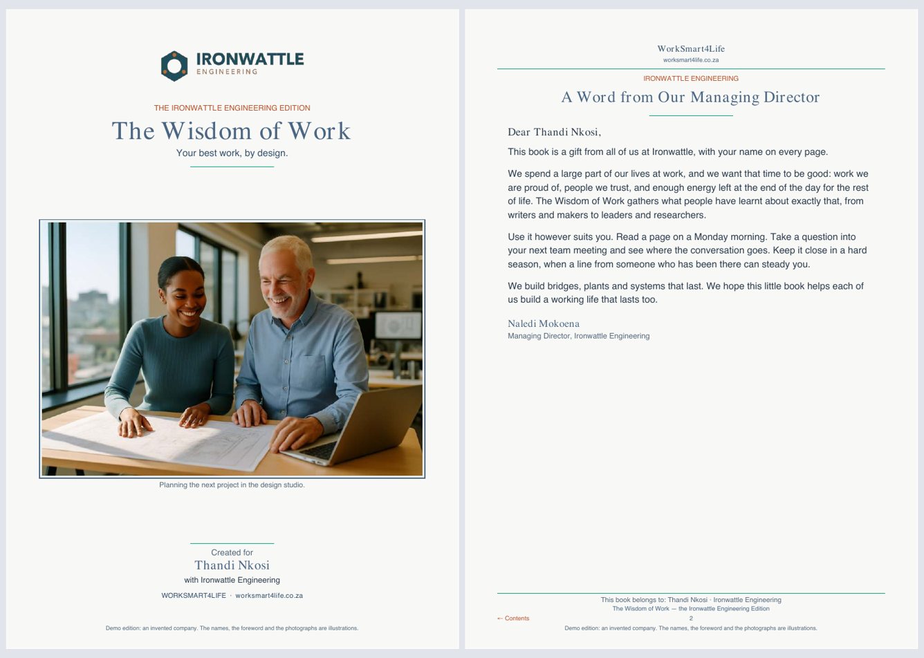 Demo edition, an invented company: the cover and the Managing Director’s foreword addressed Dear Thandi Nkosi