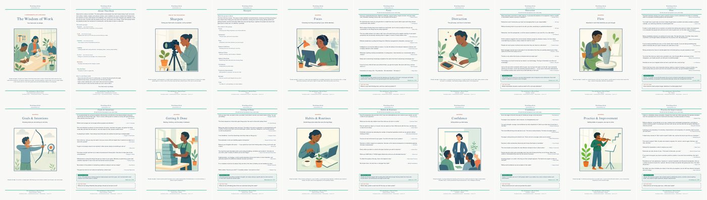 The first twenty cards of The Wisdom of Work, Editorial Edition: the cover, Sharpen, Focus, Distraction, Flow, Goals and Intentions and more